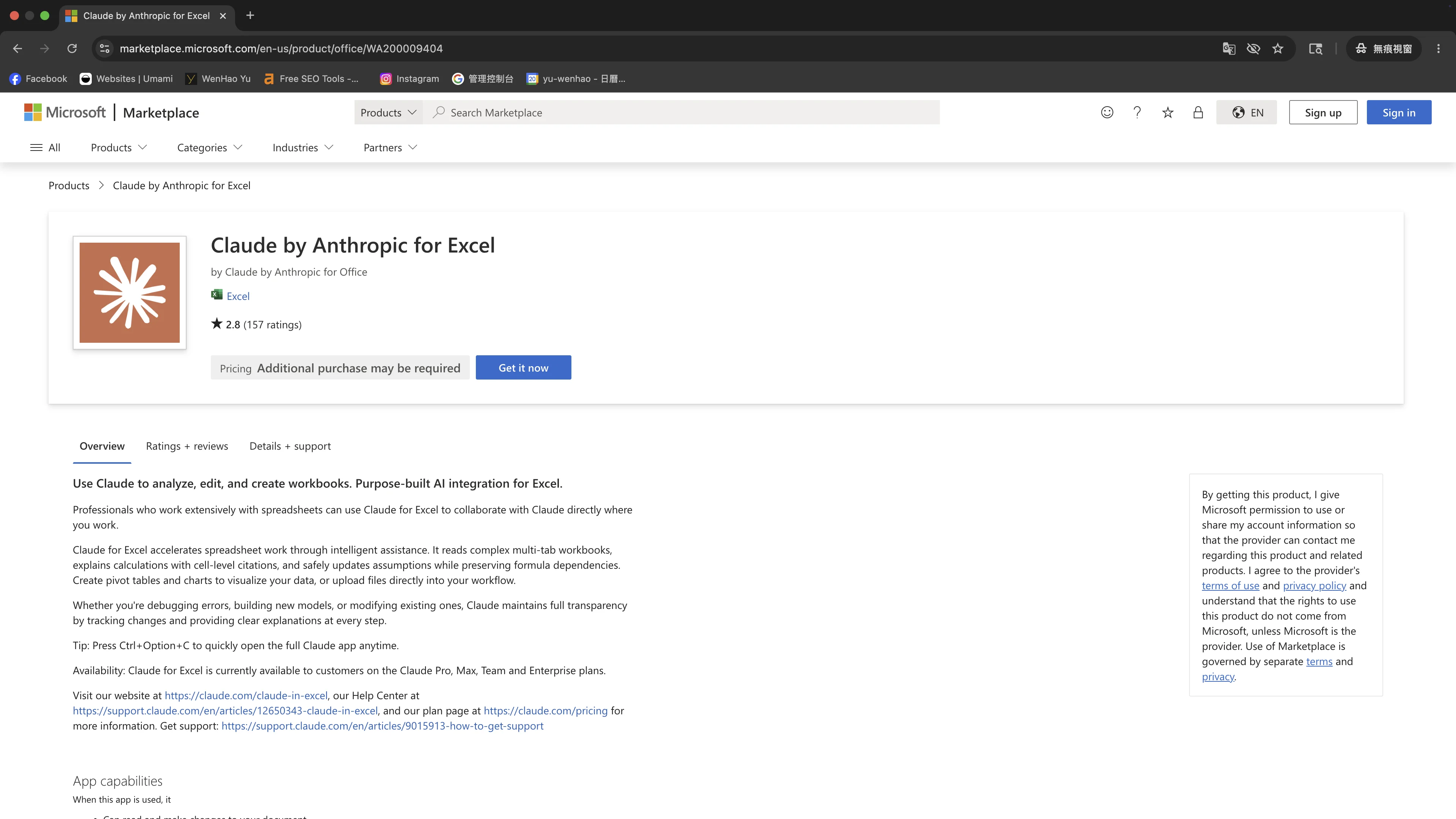 Microsoft Marketplace — Claude by Anthropic for Excel